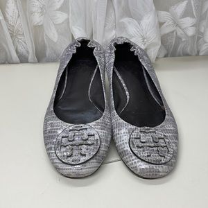 Tory Burch Gray Croc-Embossed Reva Ballet Flats